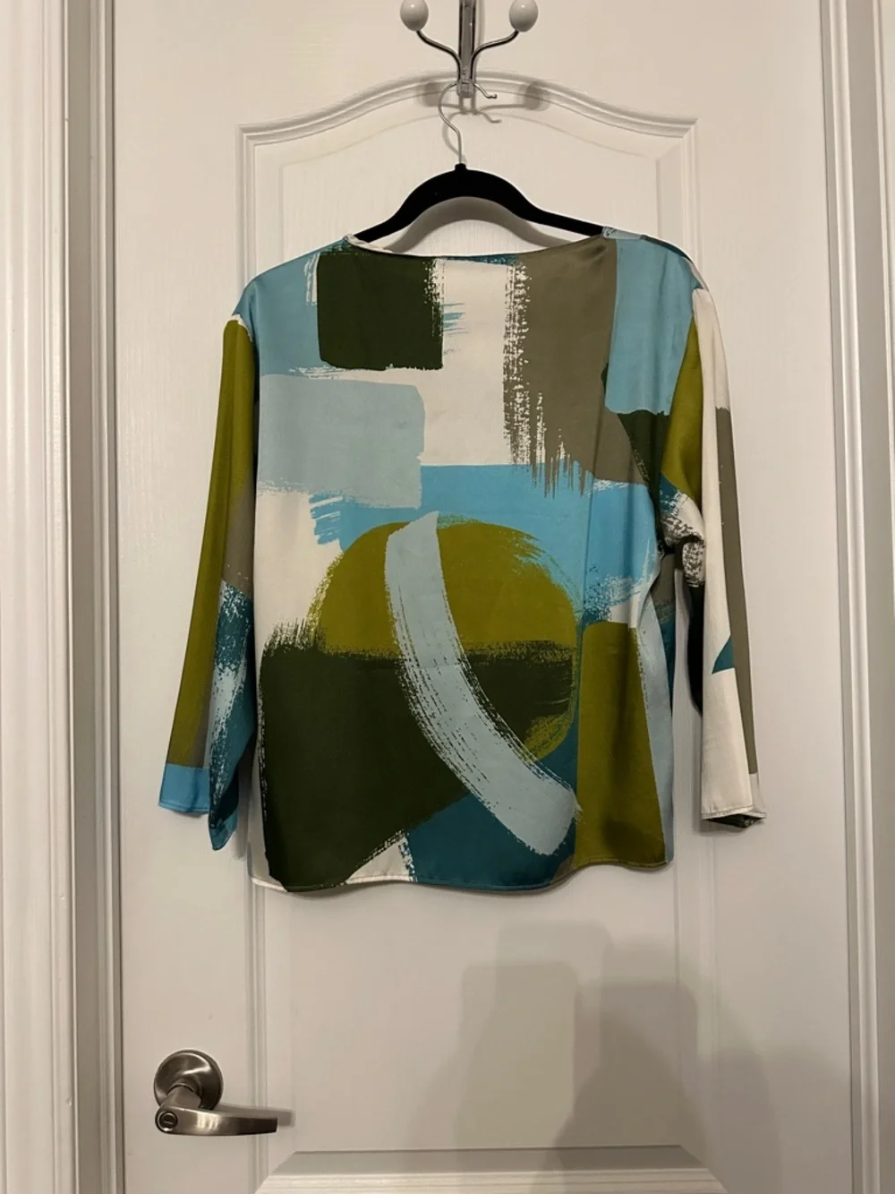Zara Abstract Brushstroke Tie-Neck Top in Teal, Olive & Cream - Picture 4 of 4